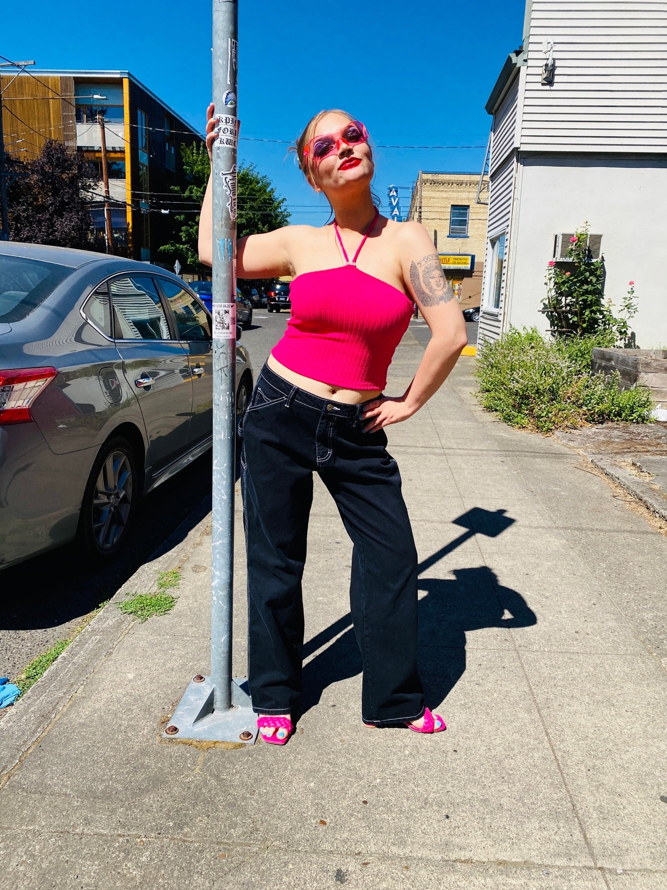 HOT PINK RHINESTONE HALTER TOP