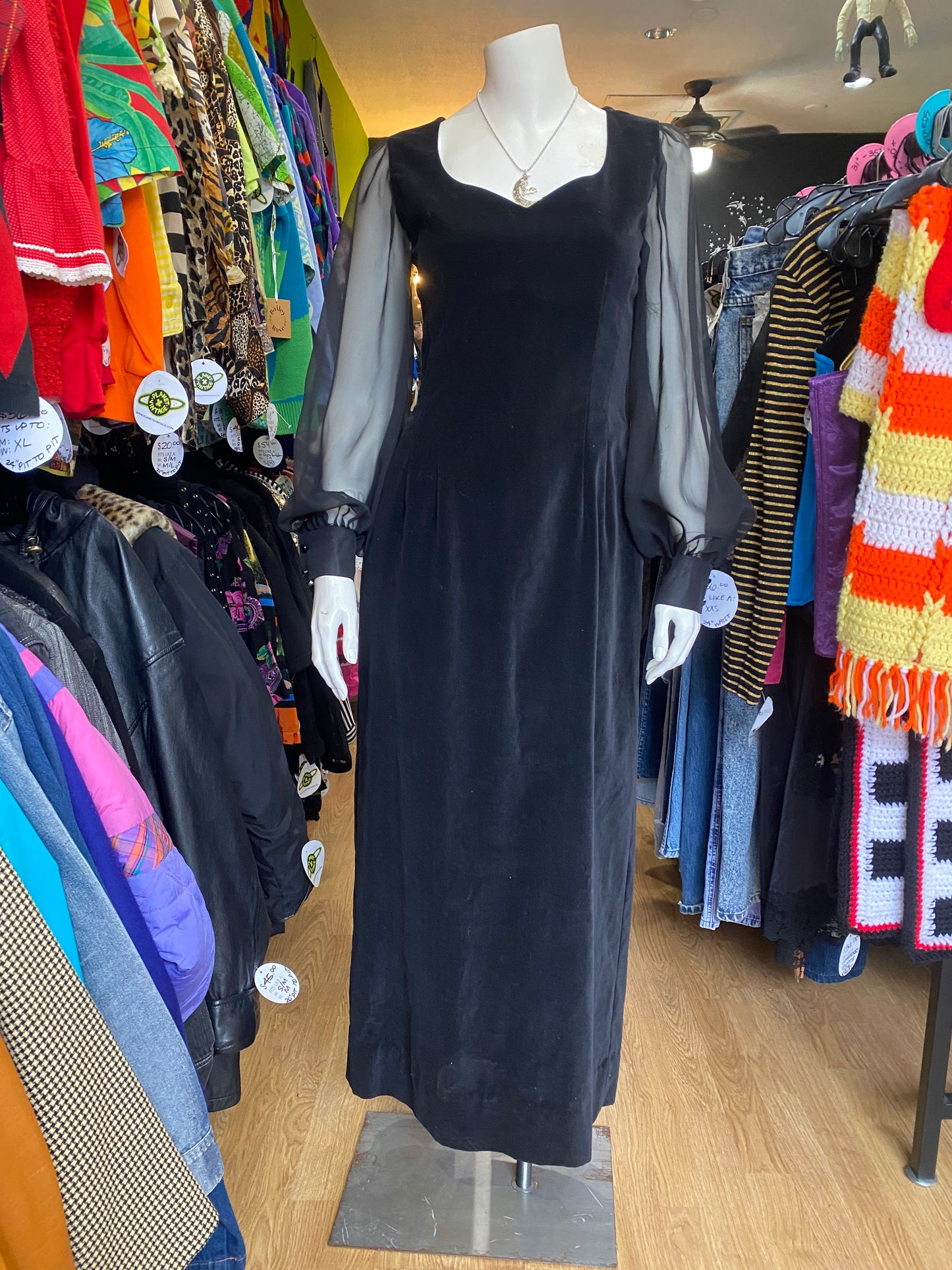 BLACK VELVET SHEER SLEEVE MAXI DRESS