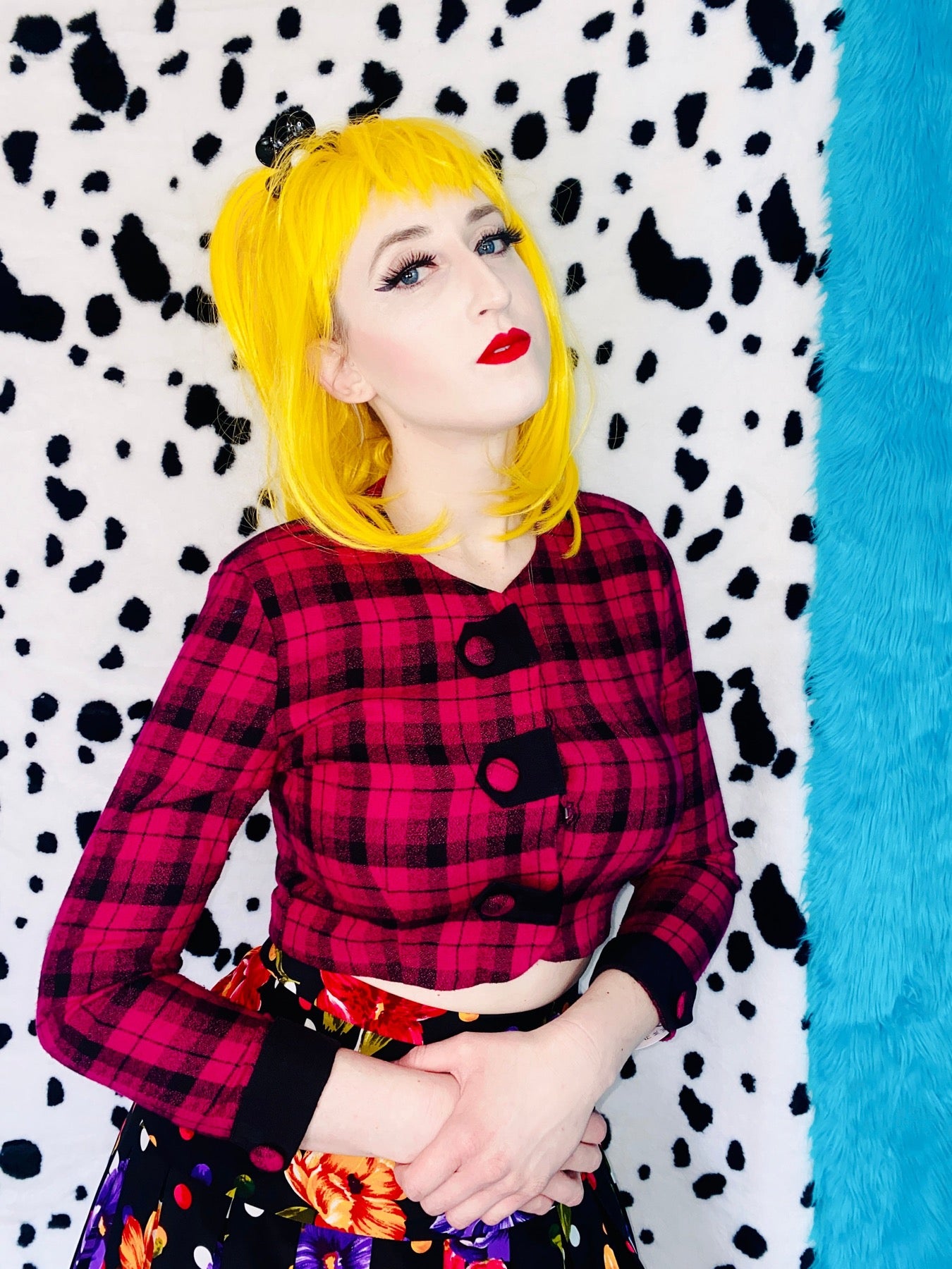 TAP DANCE FUSHIA PLAID LONG SLEEVE CROP TOP