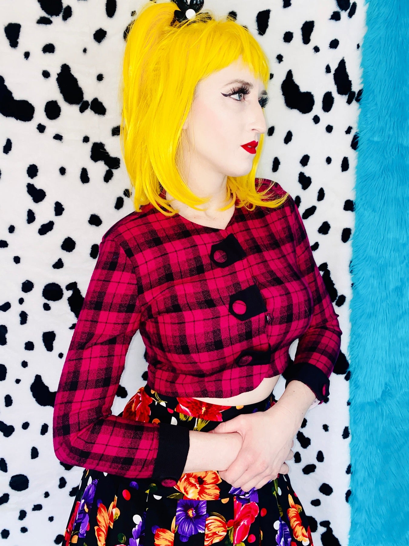 TAP DANCE FUSHIA PLAID LONG SLEEVE CROP TOP