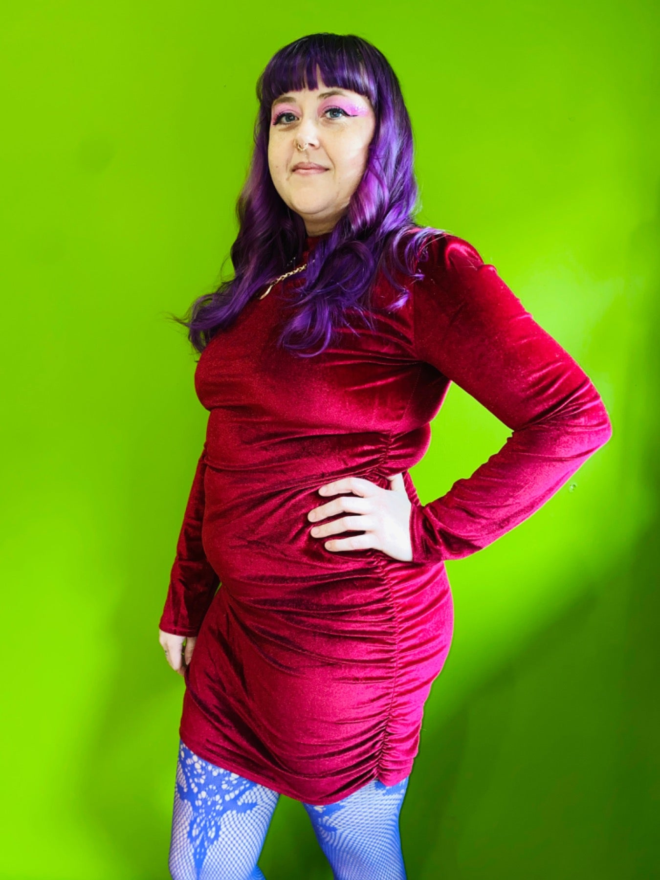 MAROON RUCHED VELVET MINI DRESS
