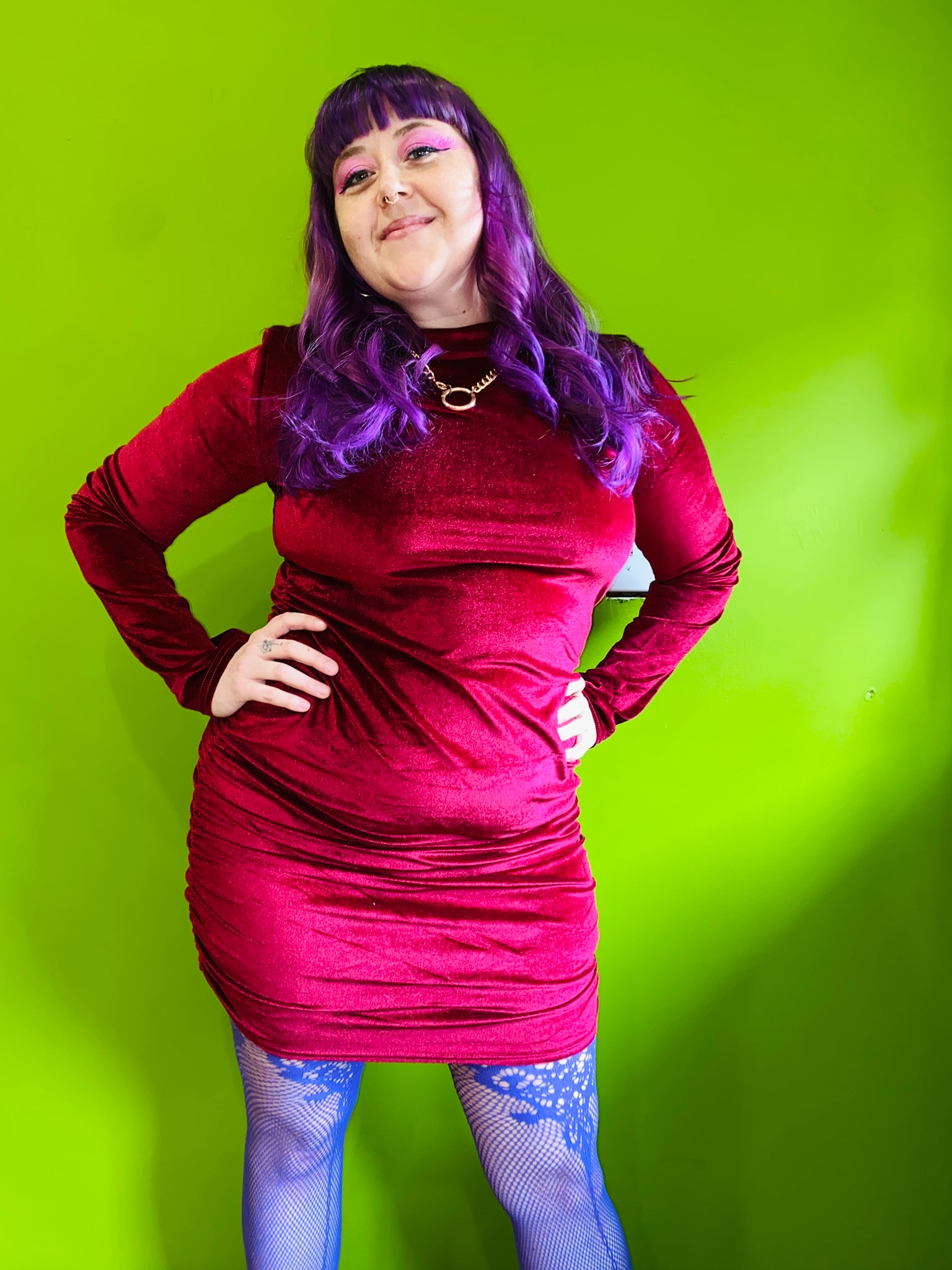 MAROON RUCHED VELVET MINI DRESS
