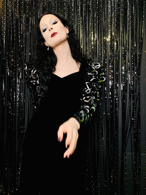 DAVE & JOHNNY VELVET SEQUIN SQUIGGLE PARTY DRESS