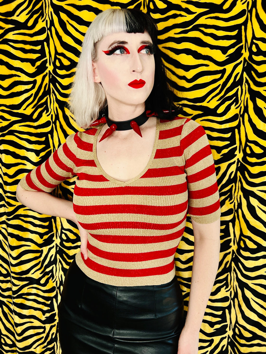XOXO RED & GOLD GLITTER STRIPED SWEATER