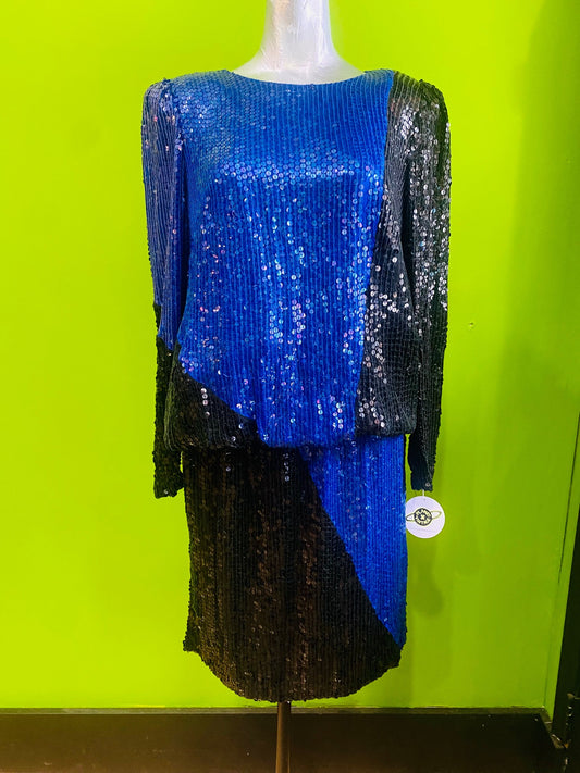 ST. MARTIN BLUE & BLACK SEQUIN PARTY DRESS