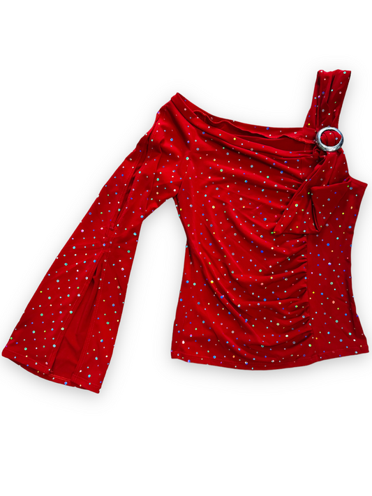 Y2K RED GLITTER DOT ONE SHOULDER TOP