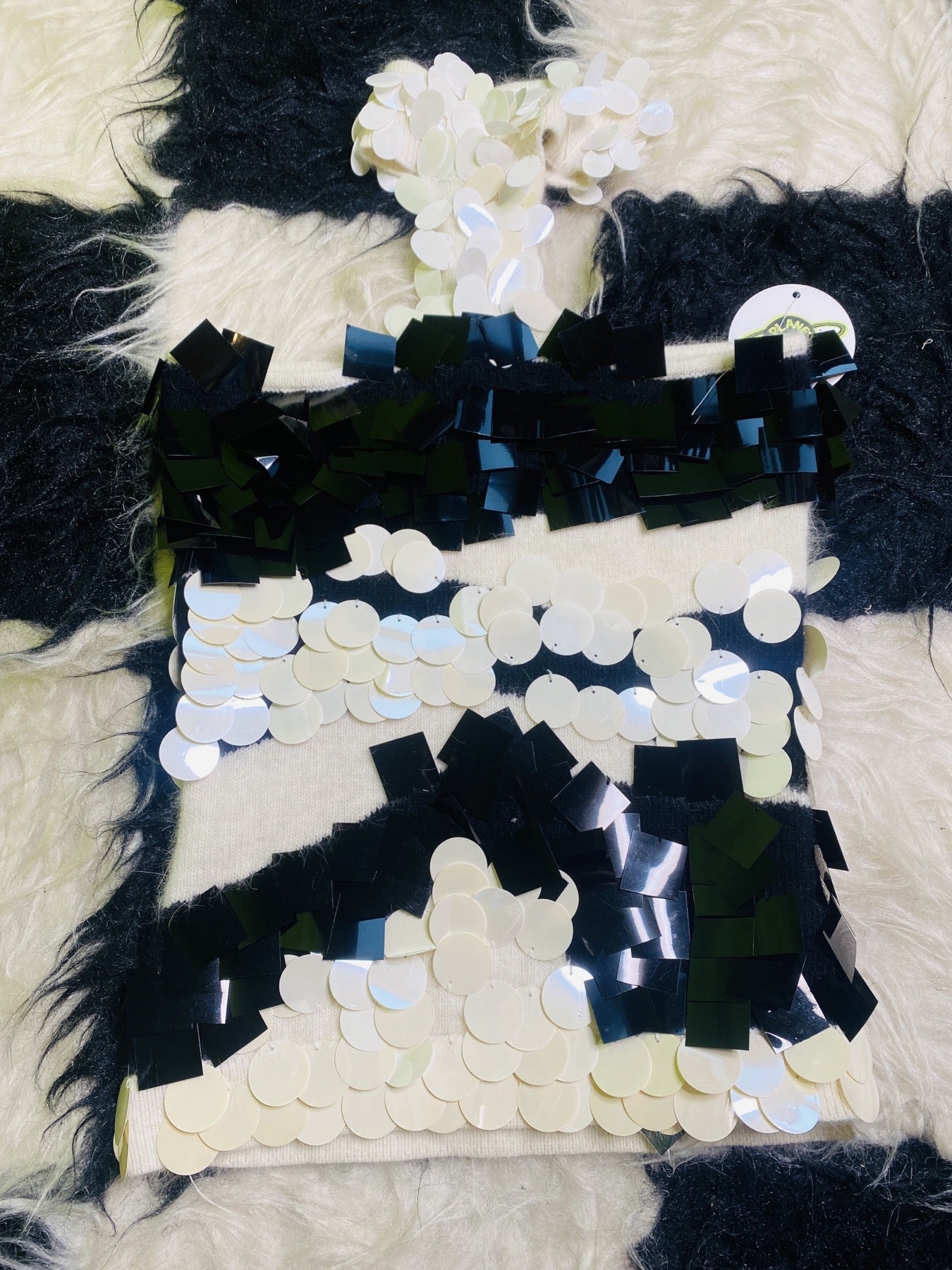 BEBE BLACK & WHITE SEQUIN HALTER TOP