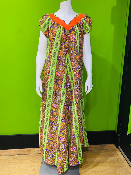 MONTGOMERY WARD NEON ORANGE & LIME PAISLEY MAXI DRESS