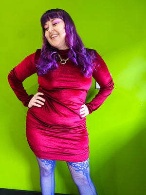 MAROON RUCHED VELVET MINI DRESS