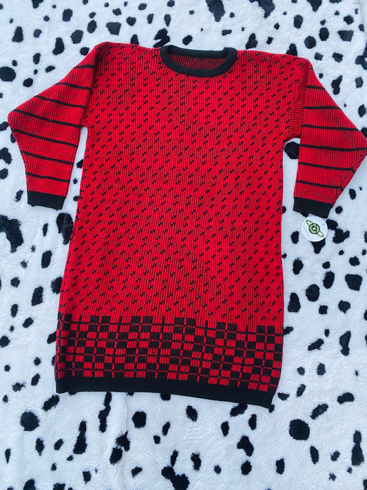 CHECKERED HEM RED SWEATER DRESS