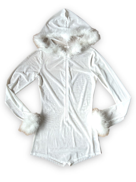 SUGAR & SPICE MARABOU TRIM MESH HOODED ROMPER