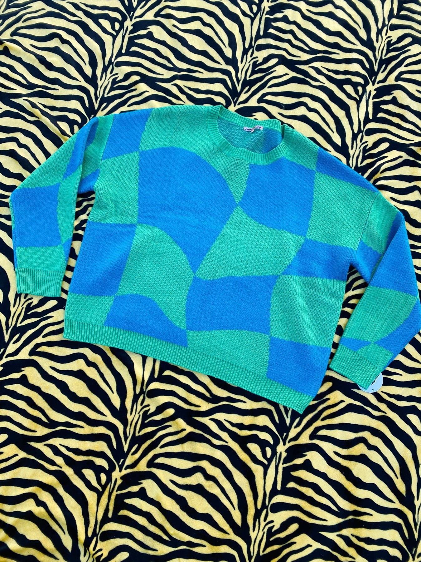 GREEN & TEAL WAVY CHECKERED SWEATER